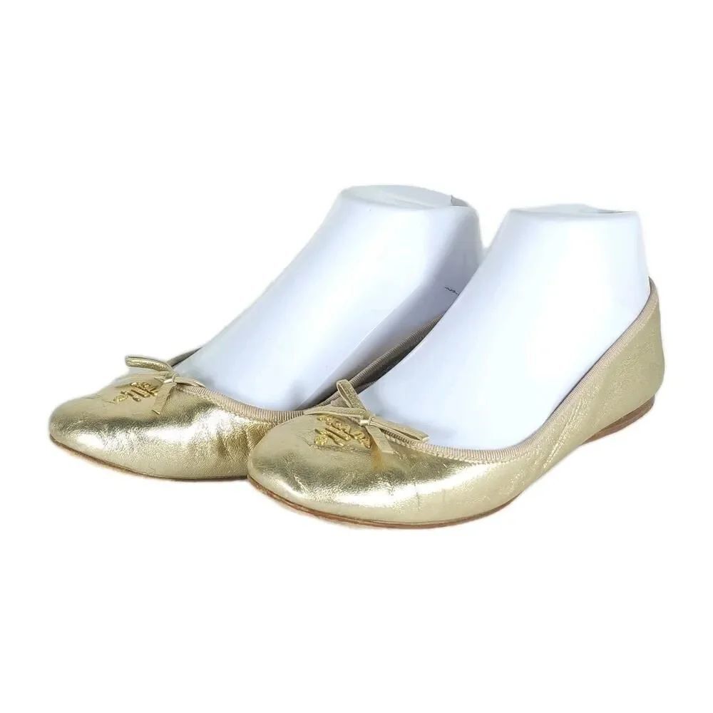 Prada Women's US5,5 EU35,5 Gold Leather Logo Bow Slip On Ballet Flats